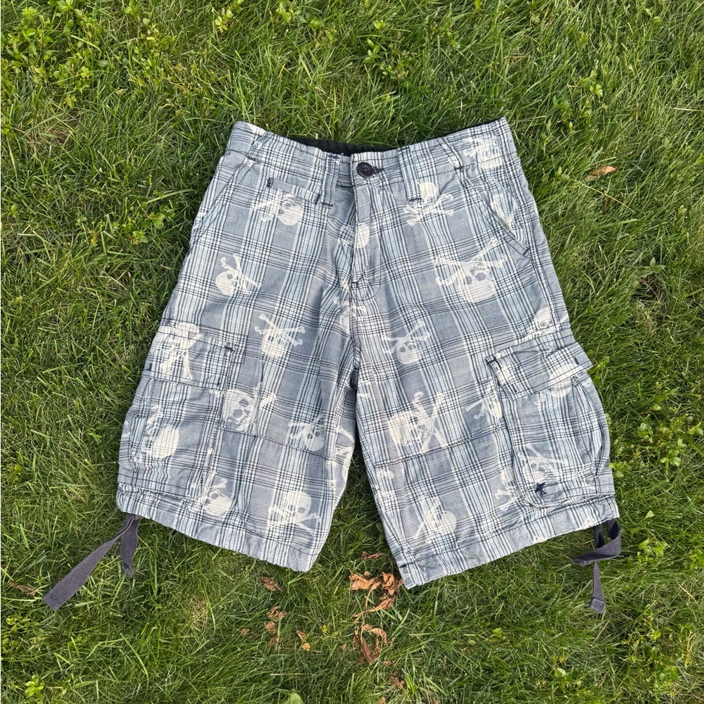 Surplus Skull Plaid Cargo Shorts Mens 29‎ Goth Punk Y2K Grunge Gray